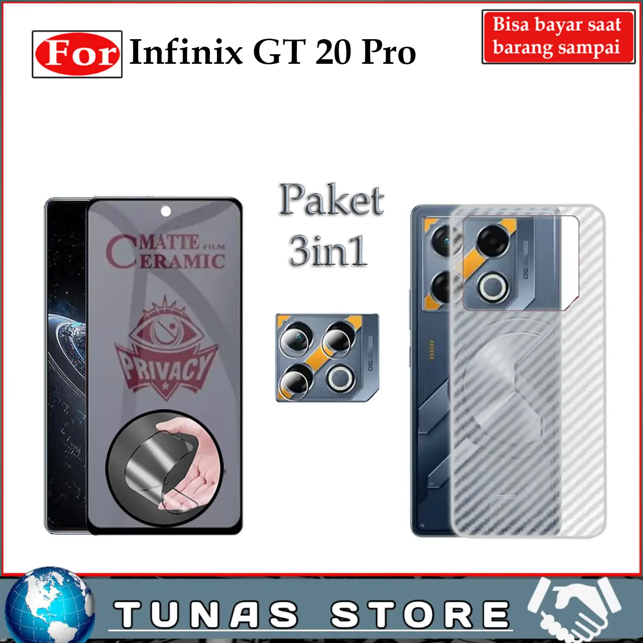 PAKET 3in1 ANTIGORES LAYAR INFINIX GT 20 PRO PRIVACY ANTI SPY CAMERA LENS GARSKIN