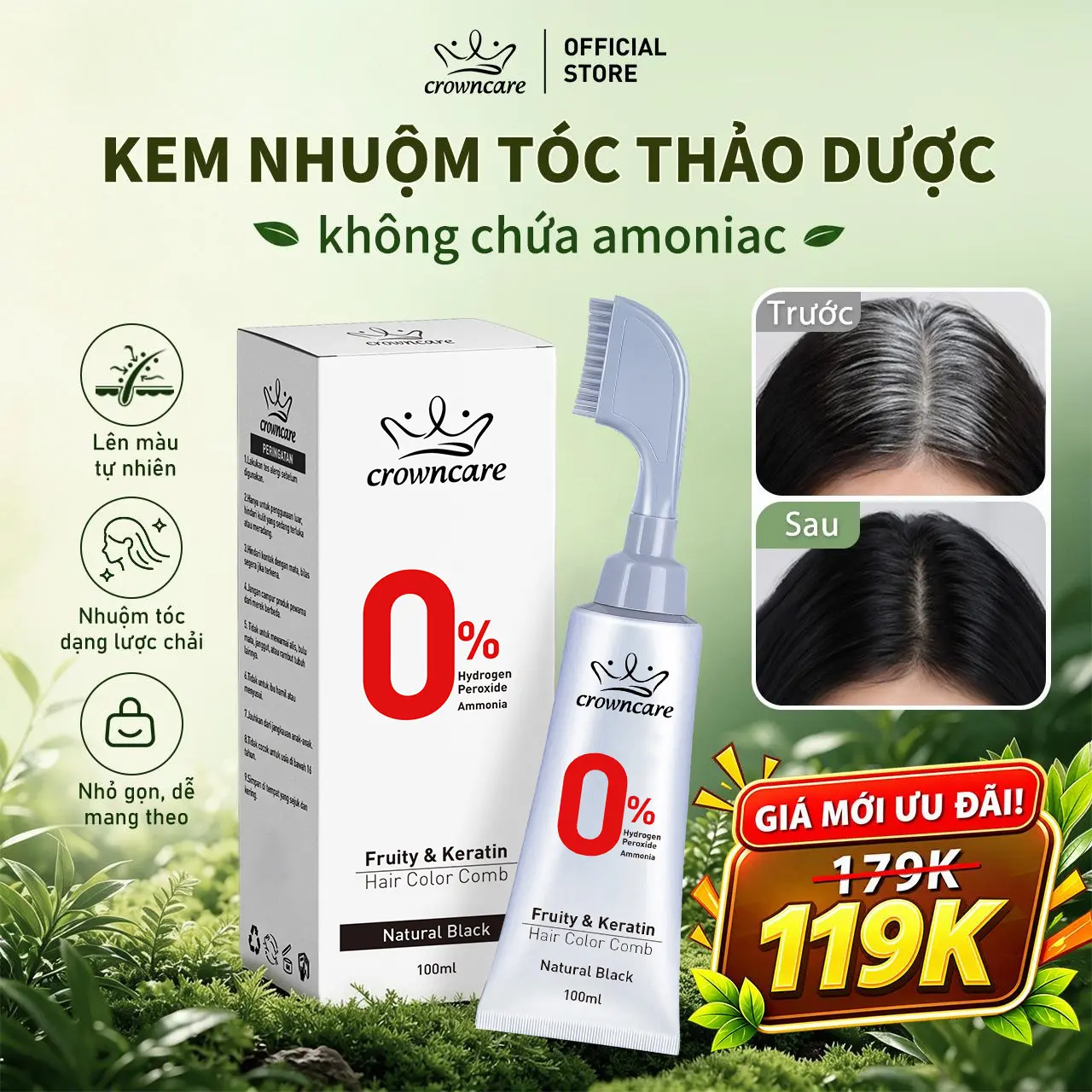 Kem Nhuộm Tóc Phủ Bạc Thảo Dược Dạng Lược CrownCare Tuýp 100ml Chiết Xuất Từ Trái Cây Không Amoniac Thuần Chay Lành Tính