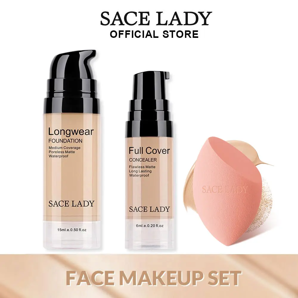 SACE LADY 3pcs Face Makeup Set Liquid Foundation+Full Coverage Concealer+Sponge