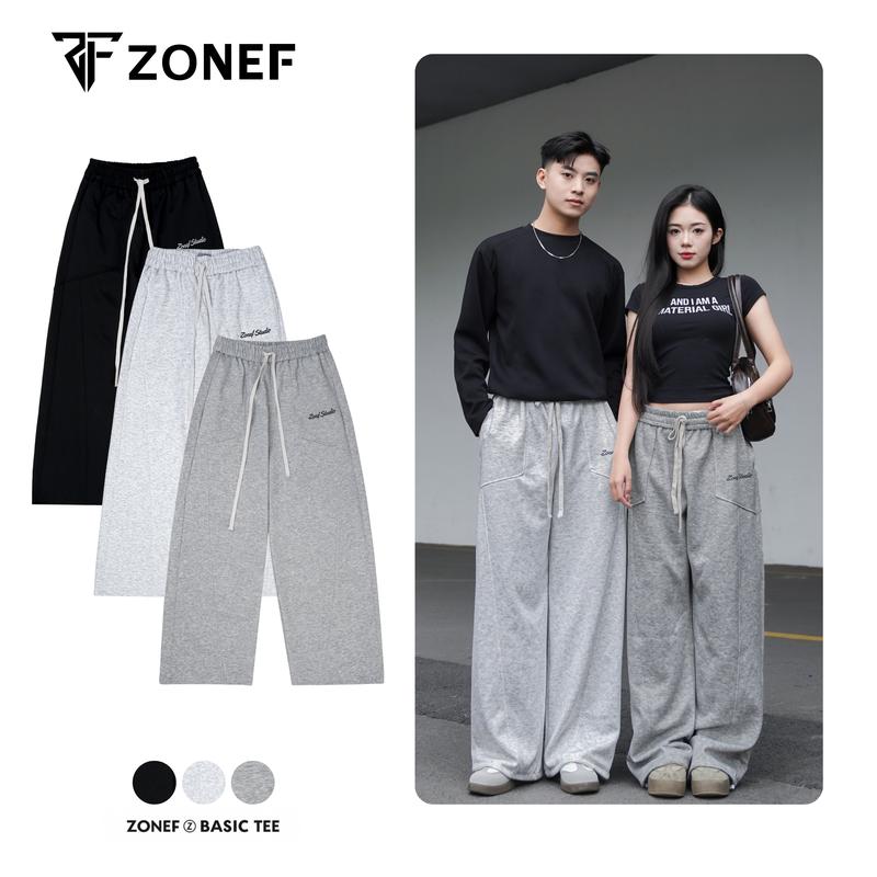 Deal Mở Bán Quần Nỉ Ống Rộng Cạp Chun Có Dây Rút Bo Ống by Zonef. Quần Nỉ Ép Hàn Form Rộng Unisex Nam Nữ Phong Cách Streetwear