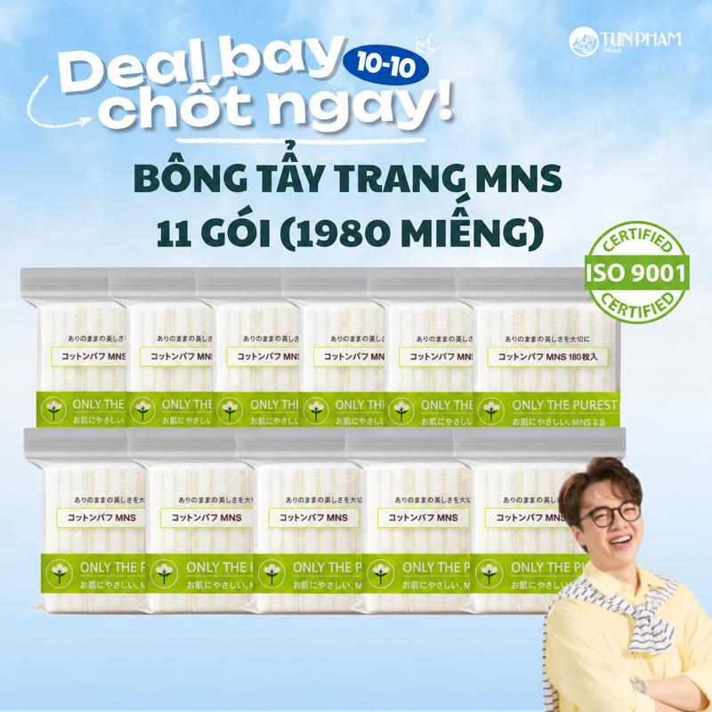 Tun Phạm x MNS - Bông Vuông MNS 180 Miếng Cotton Tự Nhiên Siêu Mềm Mịn, An Toàn Cho Da ISO 9001:2015