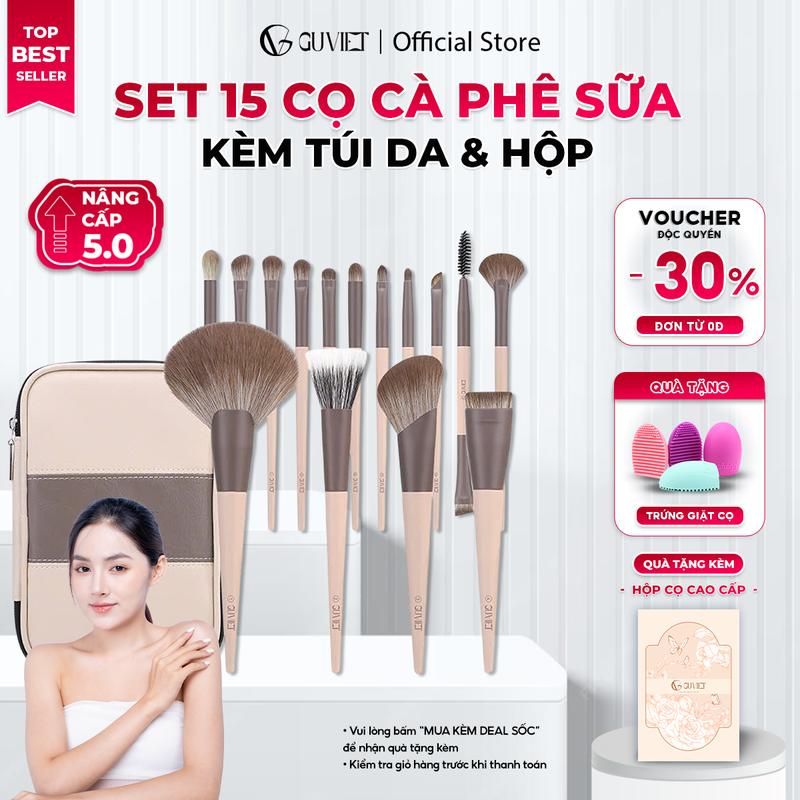 Cọ Trang Điểm Cá nhân GUVIET Cosmetic 15 Món Kèm Theo Túi Da Đựng Màu Vàng Nâu