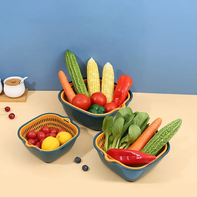 Keranjang Wadah Cuci Buah Sayur 2 Layer Drain Basket Baskom Serbaguna 5