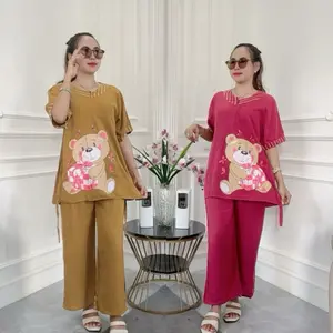 One set CPLP Motif Karakter Viral LD 120 Busui Rayon Premium Lengan Pendek Setelan wanita Dewasa Kombinasi Salur Baju Celana