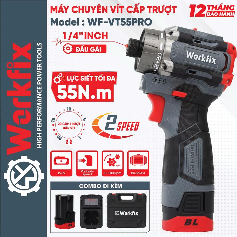  Máy Bắn Vít Cấp Trượt Workfix 55N.m WF-VT55PRO - 20 Cấp Trượt - Động Cơ Từ - 2 Pin 16.8V 2Ah - Đầu 1 4 - Nhỏ Gọn Chuyên Dùng Làm Nhôm Kính Làm Mộc Nội Thất 