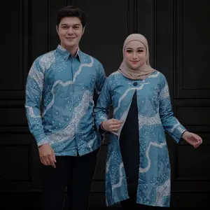 Batik Couple Pasangan Couple Motif Samudra Denim Tunik Batik dan Kemeja Batik Furing lengan Panjang Terbaru Modern Casual dan Formal (M - 4XL)