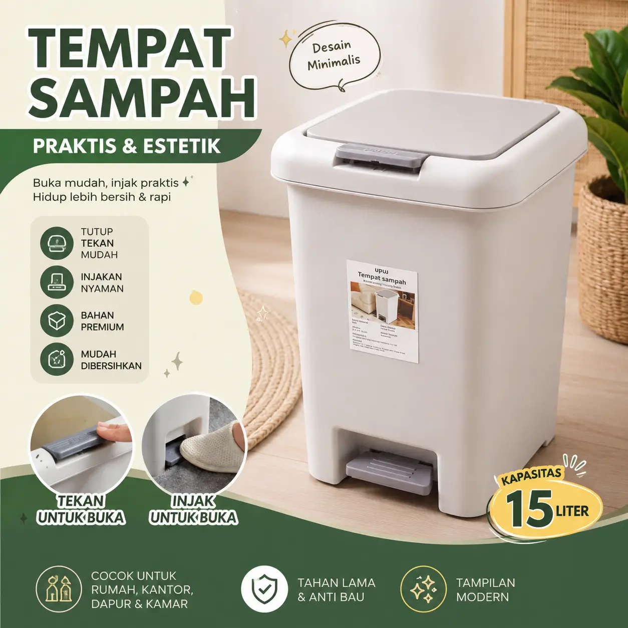 PopularChoice Tempat Sampah Injak 15L Tong Sampah Plastik Tertutup Trash Bin Kotak Sampah Dapur Kamar Mandi Ruang Tamu