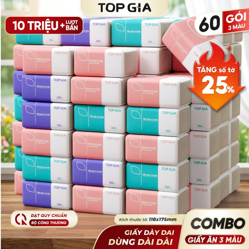 Thùng 60 gói khăn giấy 3 màu TopGia, 4 lớp