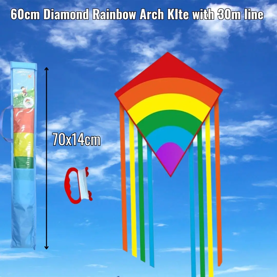 60cm Rainbow Arch Diamond Kite With Handle 30m Line And 70x14cm Carrier Outdoor Recreation Fiberglass Frame