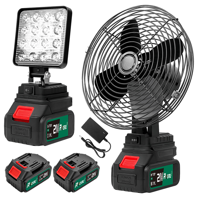 Kit Lanterna De Trabalho Luz Led 4'' Ventilador Portatil 8'' Com 2 Baterias