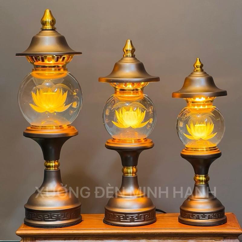 Đèn Thờ 1 Bông Bầu Cầu Trơn Pha Lê Thủy Tinh - Thân & Mái Nâu | 3 Cỡ 30 35 40cm | Giá 1 Đôi | Tặng 2 LED | Minh Hạnh Hàng Loại 1