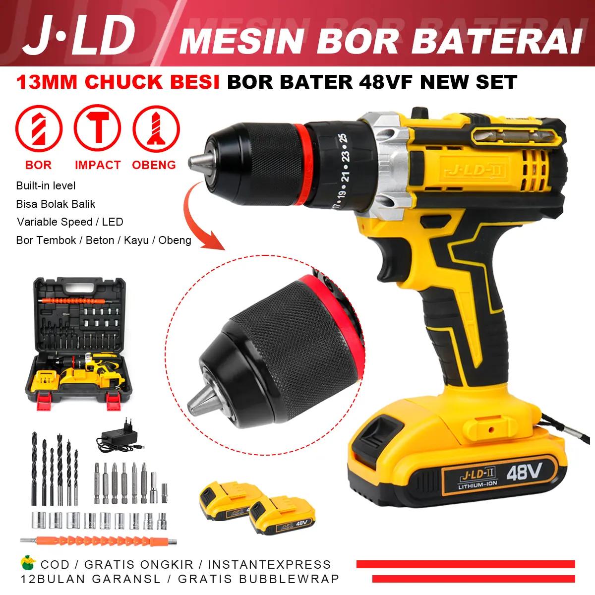JLD-II 48VF Mesin Bor Baterai Impact 13mm/10mm Bor Cordless Impact Drill 25+3Torque Bisa Bolak Balik borba tre raimu rah