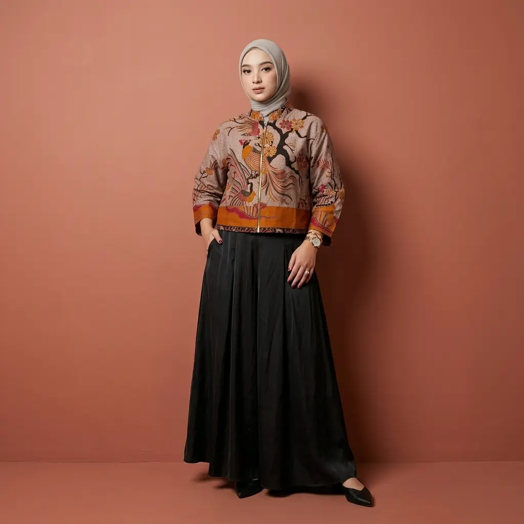 Outer Batik Motif Sahara Oren Bahan Katun Halus Resleting Depan Lapis Furing Grade A untuk Wanita Muslim