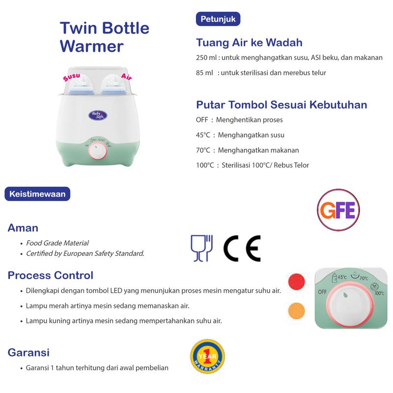 Baby Safe Twin Bottle Milk Warmer Penghangat Susu Makanan Sterilizer Multi Fungsi 3