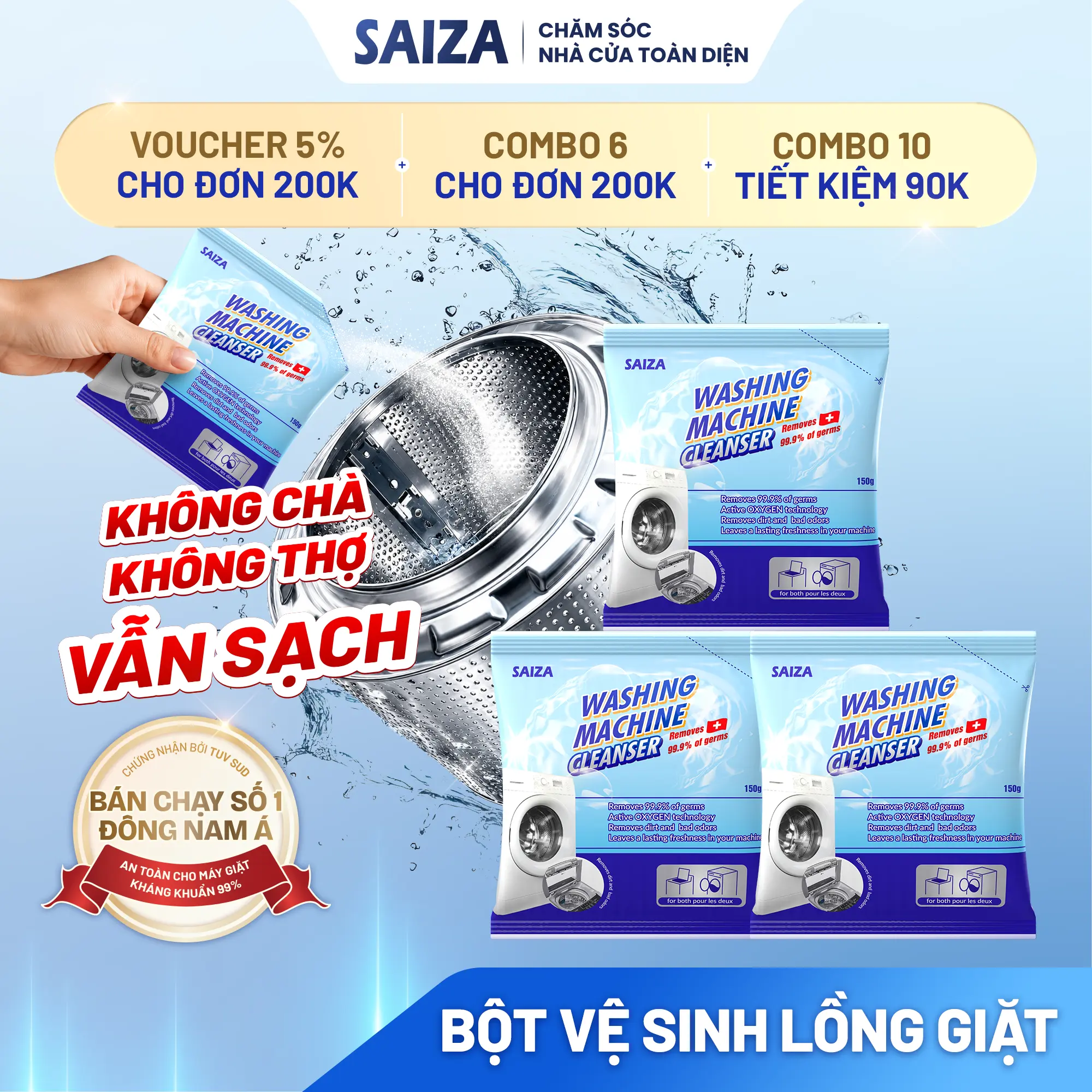 Combo 3 Gói Bột Vệ Sinh Lồng Máy Giặt SAIZA Giúp Làm Sạch Lồng Giặt Hiệu Quả, Kháng Khuẩn, Khử Mùi (150g/gói)