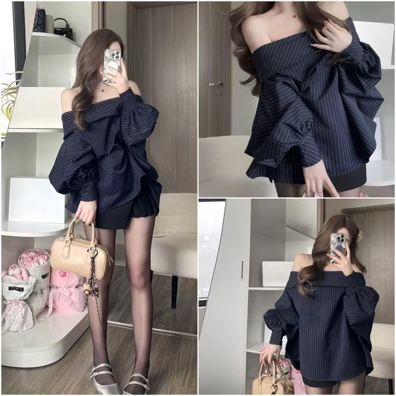 (A - 42)[ BÁN LẺ]Bộ đồ đôi nam nữ cặp đôi Áo nữ trễ vai tay bồng dáng dấu quần siêu xinh và áo sơmi nam dài tay mặc đôi với người yêu cặp vợ chồng cực sang váy