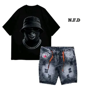 PROMO SETELAN KAOS MOTIF DISTRO DAN CELANA JEANS PENDEK SOBEK PREMIUM