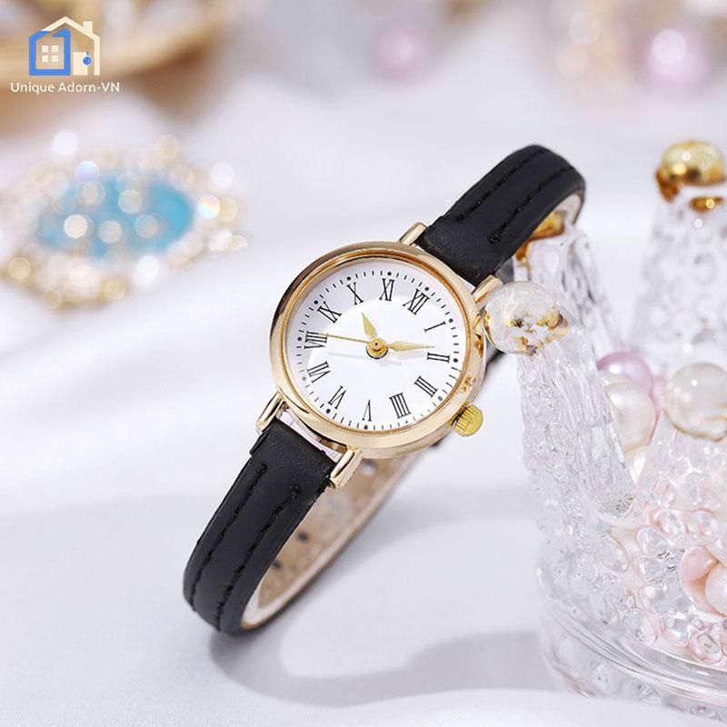 Đồng Hồ Nữ Quartz Mặt Tròn Nhỏ Gọn Dây Da, Mặt Số La Mã Phong Cách Cổ Điển Tối Giản, Thanh Lịch Thời Trang