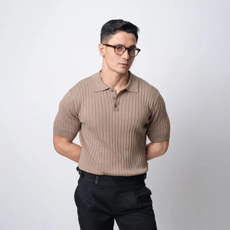 VENGOZ Polo Shirt Rajut Pria - Mens Polo Shirts Striped Light Brown 5