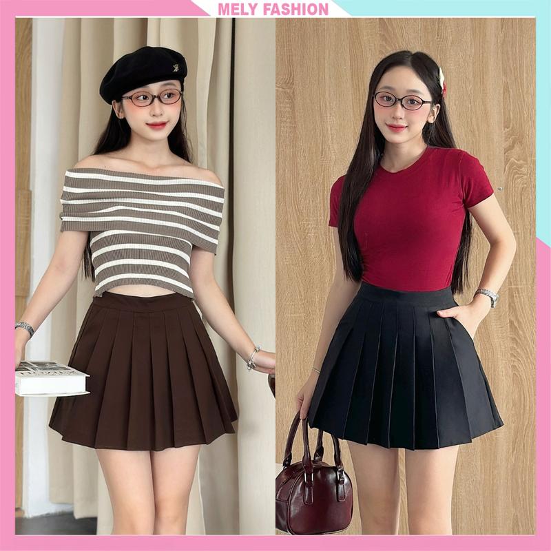 Chân váy tennis xếp ly ngắn Mely Fashion chữ A có túi cạp cao che bụng tôn dáng Umi co giãn bigsize nâu đen trắng CV73-03