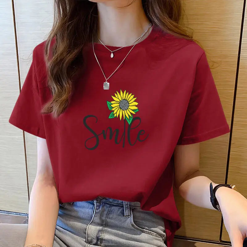 t shirt for women clothes white top women korean style summer short sleeve t shirt  woman Round Neck Loos ladies t shirt Collar Loose