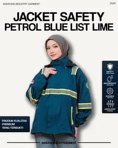 Jaket Safety Tambang Waterproof Taslan Balon Petrol Blue List Lime Scotlight Reflektif – Jaket Kerja Lapangan Anti Air Bisa Custom Bordir Logo Nama & Tulisan Belakang | Bandung Industry Garment