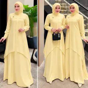 Jasmin Dress Gamis Ceruty Aplikasi Payet Tempel Kondangan Simpel Elegan Terbaru Bini Orang Warna Krem Butter Yellow untuk Acara Kondangan