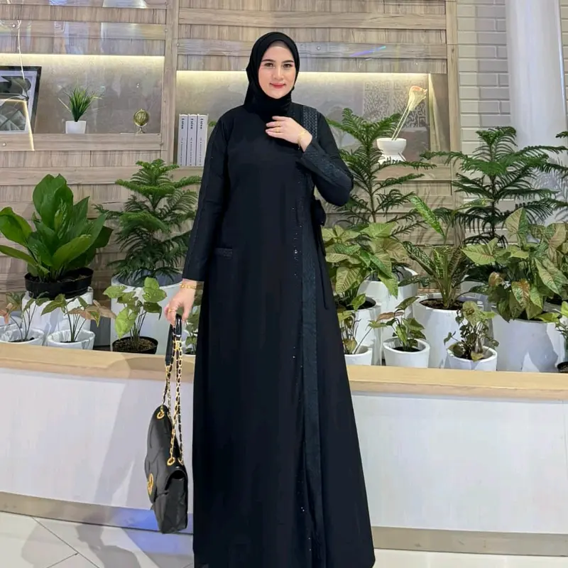 GAMIS ABAYA TURKEY CERRUTY KELILING BORDIR DEPAN BELAKANG SEAN GOLD DAN FULL HITAM 8