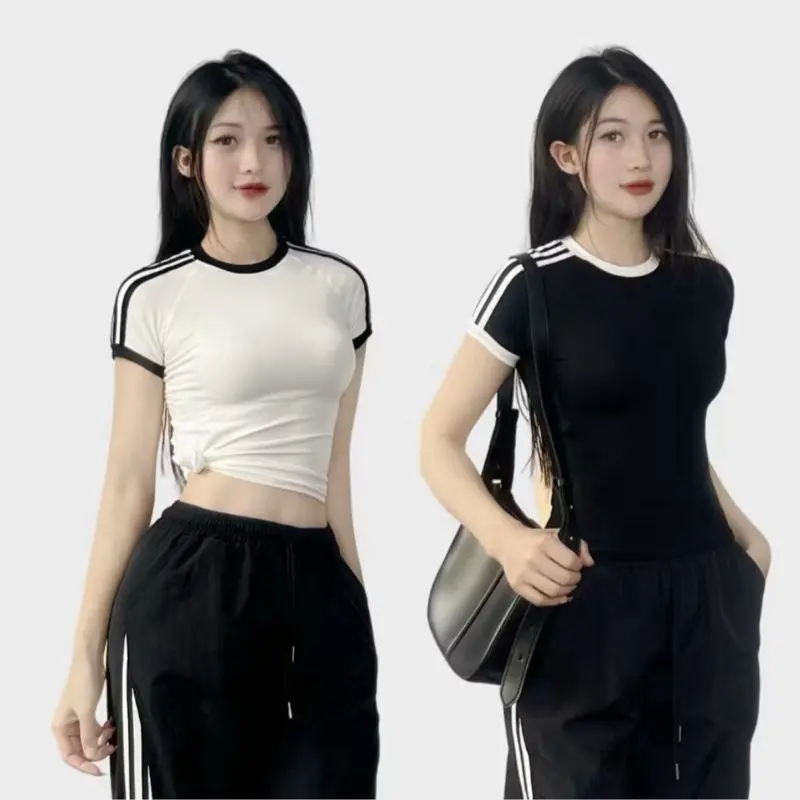 ￼Áo thun cộc tay nữ cổ tròn dáng ôm phối viền chất Thun Cotton Bigsize, Áo thun cộc tay nữ phối viền 0