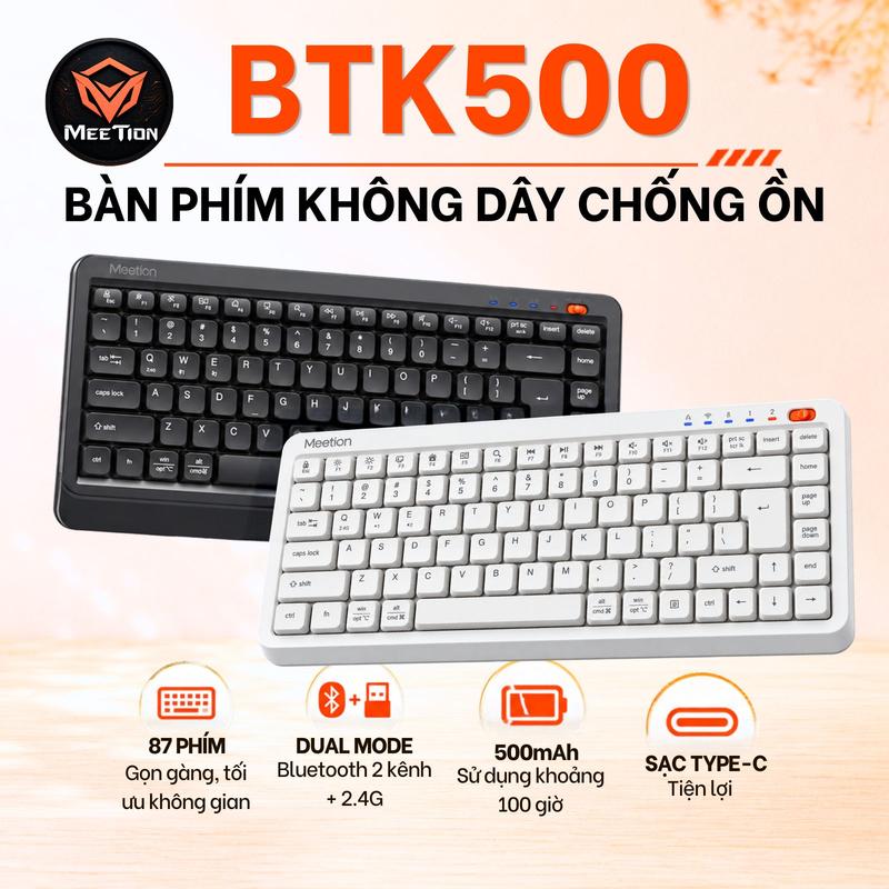 Bàn phím không dây Meetion BTK500 chống ồn dual mode Bluetooth + USB 2.4G 87 phím pin sạc sử dụng lên đến 100 giờ