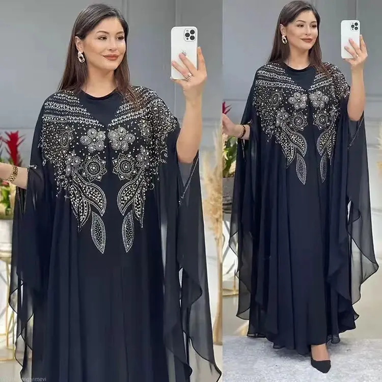 Baju Raya Muslim Pearl RhinestoneKaftanInside and Outside Two-piece Robe Large Size Women's Dress New Burqa ClothesWedding/banquet/dinner/party