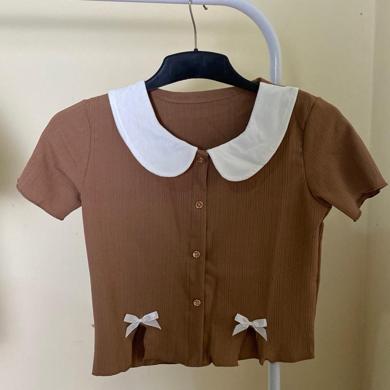 Aster croptop kerah collar kancing variasi pita aktif Nyaman Casual Atasan Pendek Wanita kerah bulat formal katun slit kancing gold Fit 2