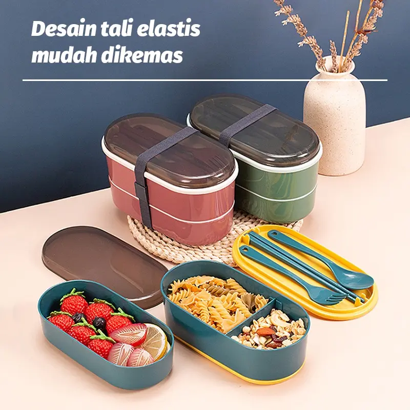 LUNCH BOX BENTO 2 SUSUN KOTAK BEKAL MAKAN SIANG 700 ML FREE SENDOK GARPU SUMPIT NEW