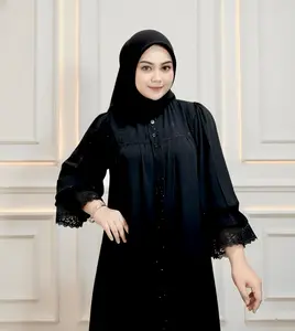 ABAYA ELISHA - Gamis Abaya Lengan Balon dengan Renda Elegan dan Payet Berkilau Bahan JETBLACK Kualitas Tinggi Nyaman untuk Penampilan Mewah