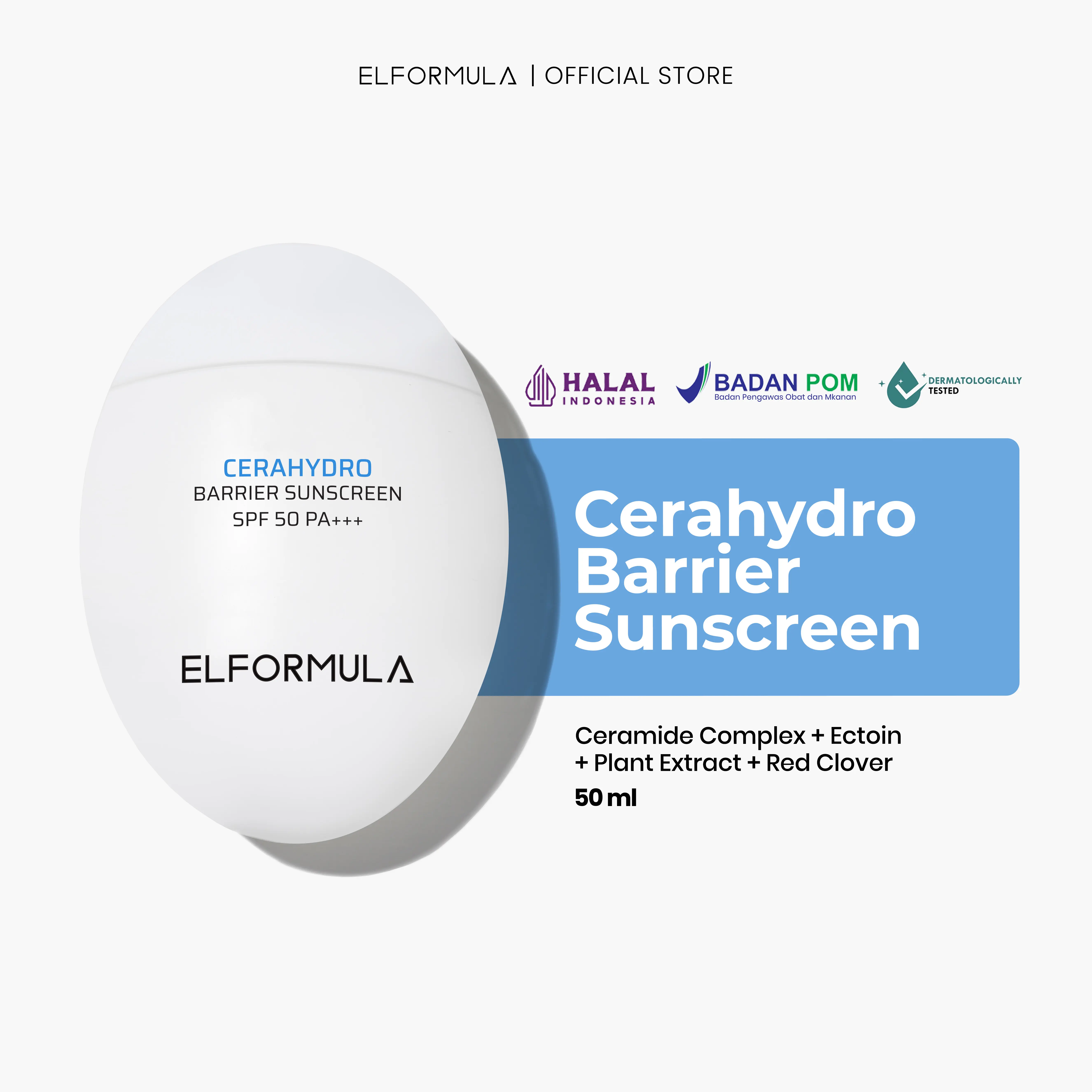 ELFORMULA CeraHydro Barrier Repair Sunscreen SPF 50+++ Facial Sunblock Sunscren Tabir Surya untuk Perawatan Melindungi Kulit Wajah Berjerawat Berminyak dari Sinar UVA UVB