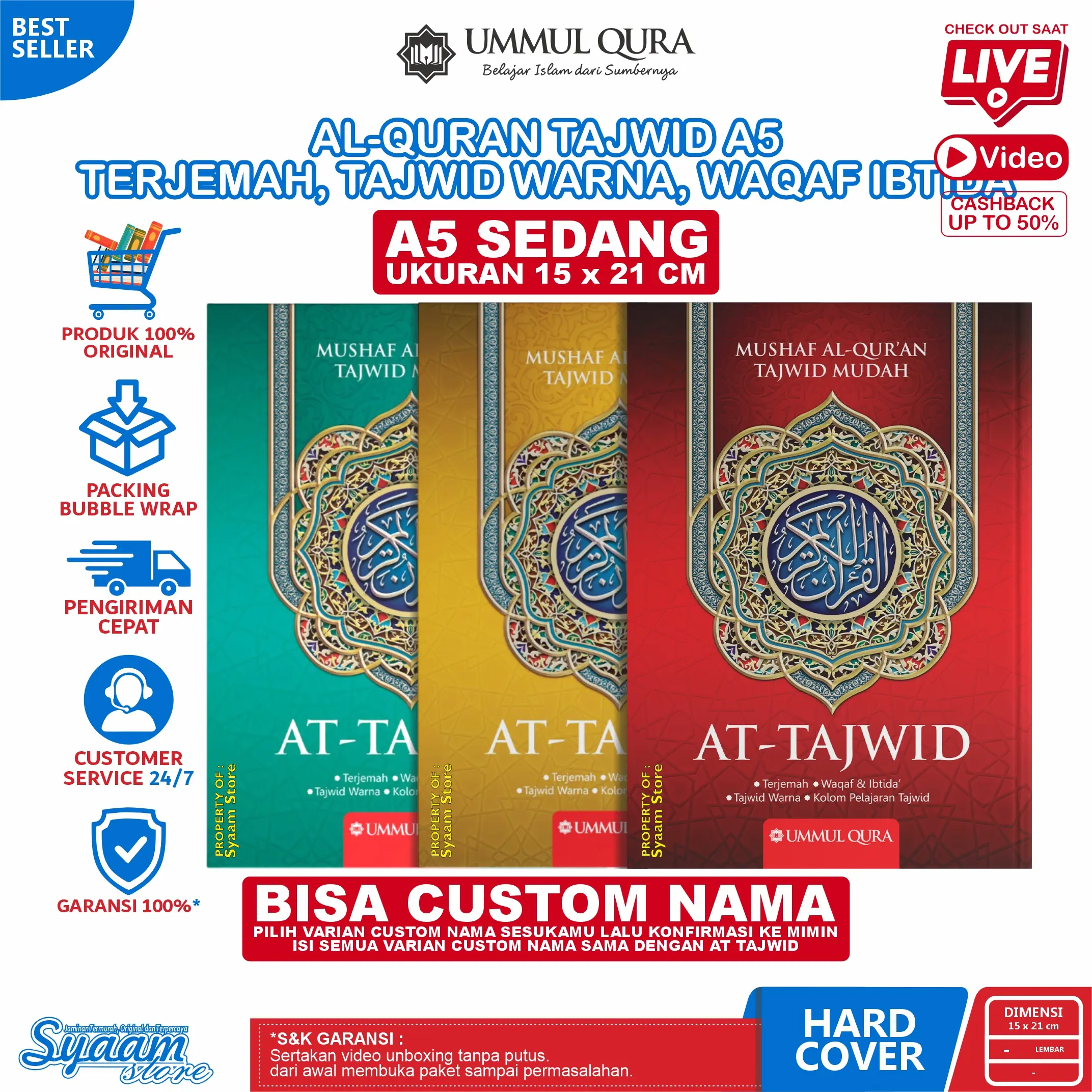 Mushaf Al-Quran At-tajwid Terjemah Ukuran A5 Dilengkapi Dengan Tajwid Warna Kolom pembelajaran Tajwid - Ummul Qura al quran full 30 juz al quran terjemahan