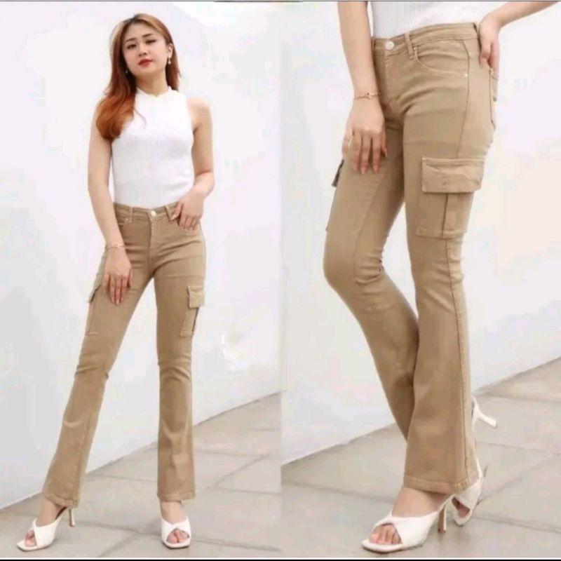 Product Introduction of Celana Cargo Cutbray Stretch Highwaist Jeans Big Size Jumbo Wanita Melar 27 - 34 Panjang Korean regular 2