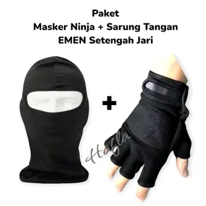 Paket Motoran Sarung Tangan Emen dan Masker Ninja Pria Hitam Berkendara Motor Pelindung Dari Sinar Matahari Gloves