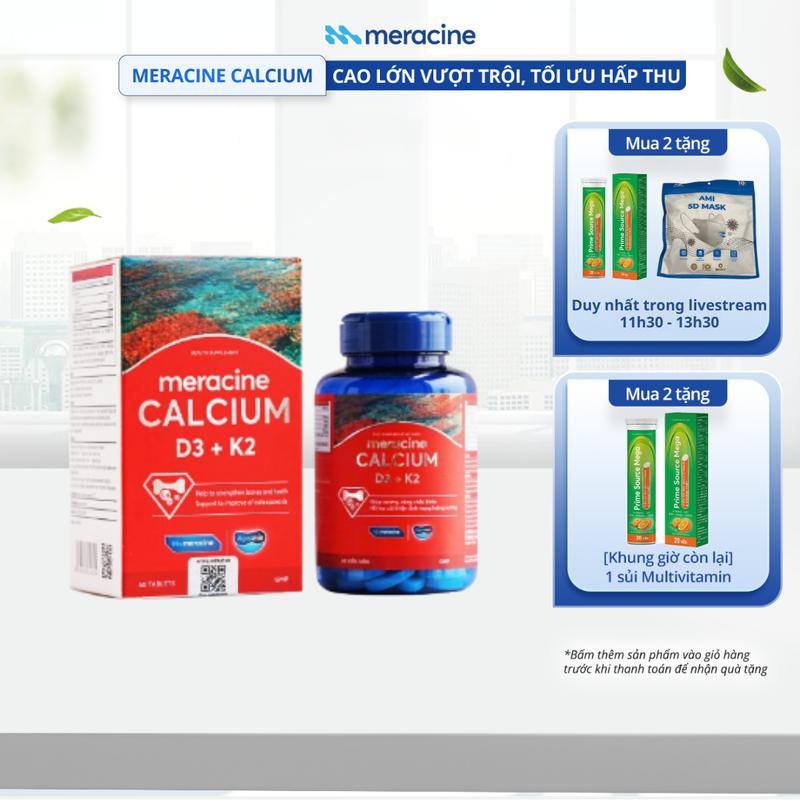 Meracine Calcium D3K2 - Canxi Hữu Cơ Từ Tảo Biển Đỏ Hỗ Trợ Xương Răng Chắc Khỏe Hỗ Trợ Phát Triển Chiều Cao Hộp 60 Viên