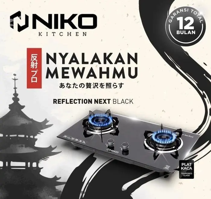 KOMPOR TANAM KACA NIKO REFLECTION NEXT BLACK 2 TUNGKU API BIRU ANTI PECAH