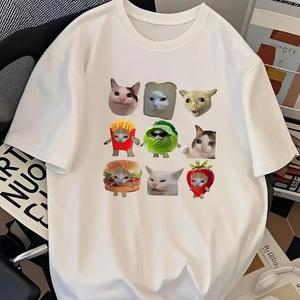 女性用半袖Tシャツは、子猫の表情をおかしくするプリントラウンドネック、ゆったり、純綿カジュアルトップス、ラウンドネック、ショルダーベルト、ゆったりシルエット、通気性、肩落ちデザインプリントTシャツ夏のゆったりタイプ「