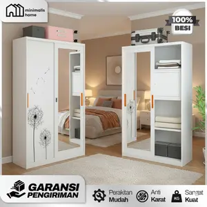 [TERMURAH] LEMARI BAJU BESI KACA 2 PINTU SLIDING - Lemari Kamar Motif Minimalis Full Plat Besi Tebal Lemari Pakaian, Baju & Celana