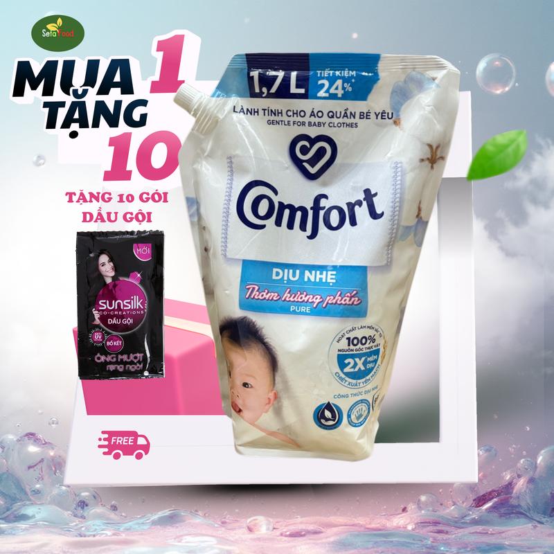  Comfort - Nước Xả Vải Đậm Đặc 1.7L Dịu Nhẹ Thơm Hương Phấn Lành Tính Cho Quần Áo Bé Yêu Công Nghệ Tỏa Hương Mới Tặng 10 Gói Dầu Gội Sunsilk Đen 