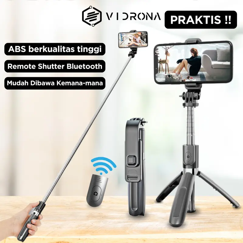 VIDRONA Tongsis Tripod Bluetooth Lampu LED Remote Control Alat Selfie Foto dan Video Stick Portable Flexible 360º Aluminium Holder Panjang Ponsel Wireless Plastik 1