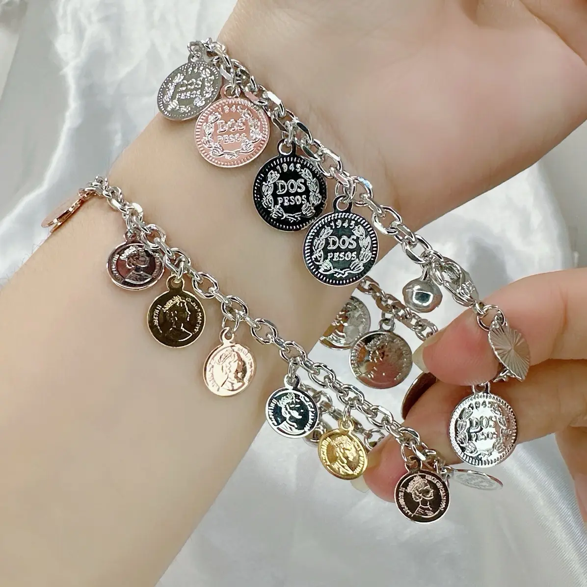 Beli 2 bonus 1 cin2/anting. S05(01) Gelang rantai koin putih kombinasi putih perhiasan xuping aksesoris wanita 1
