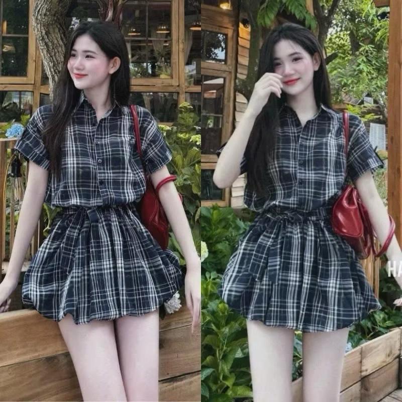 ( Có Bigsize ) Sét caro nữ tay ngắn  mix chân váy bí Ngô bồng bềnh quần bảo hộ ( full-size :40-90kg ) Nữ Áo Women Top