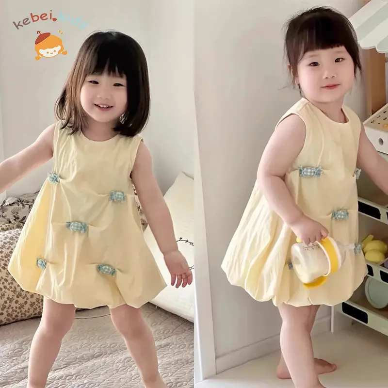 kebei-Gaun putri bunga kuncup kuning muda untuk anak perempuan, dengan pola 3D permen biru yang lucu Fashion Kids