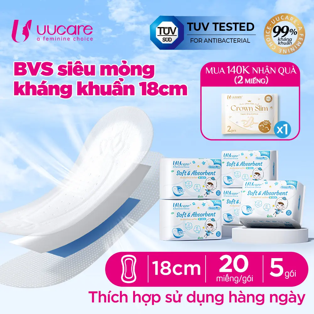[Combo 5 gói] Băng Vệ Sinh UUcare Singapore Young Girl Hàng Ngày 18cm 20 Miếng/Gói.  mềm mại, thấm hút, chống tràn, mang lại cảm giác dễ chịu. bvs không mùi（Che tên sản phẩm khi giao） Women