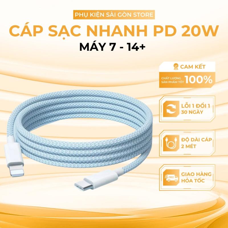 Cáp Sạc Nhanh PD 20W Dài 2M Bọc Dù Chống Đứt Gãy Cho iPhone 7 Đến 14 Series