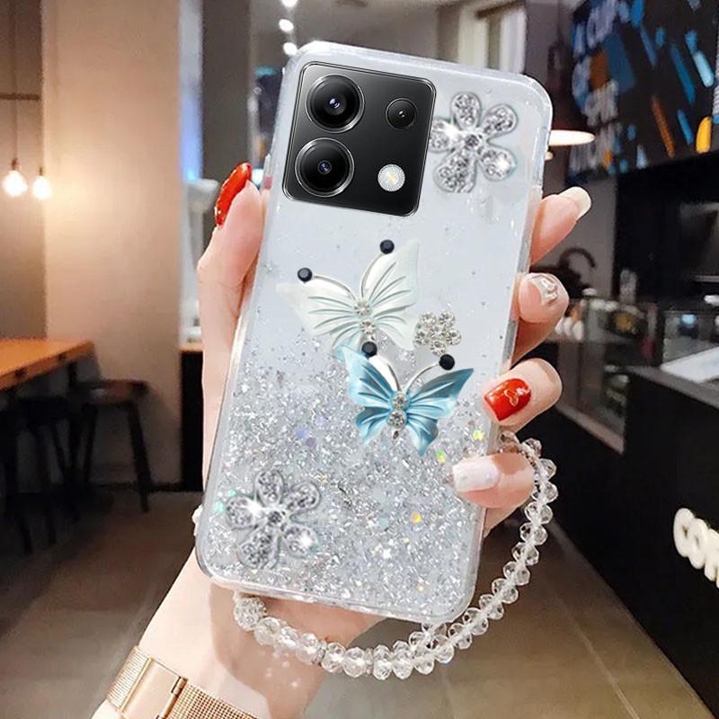 Ốp Điện Thoại Thông Minh, Mới, Redmi Note13 Pro Pro + Plus 13C POCO X6 M6 Pro C65 4G 5G Note 13 13Pro Ốp ốp Mềm TPU Ốp Điện Thoại Hình Bướm Xinh Xắn Có Dây Đeo Tay Ốp Lưng Màu Tím Lấp Lánh Lấp Lánh